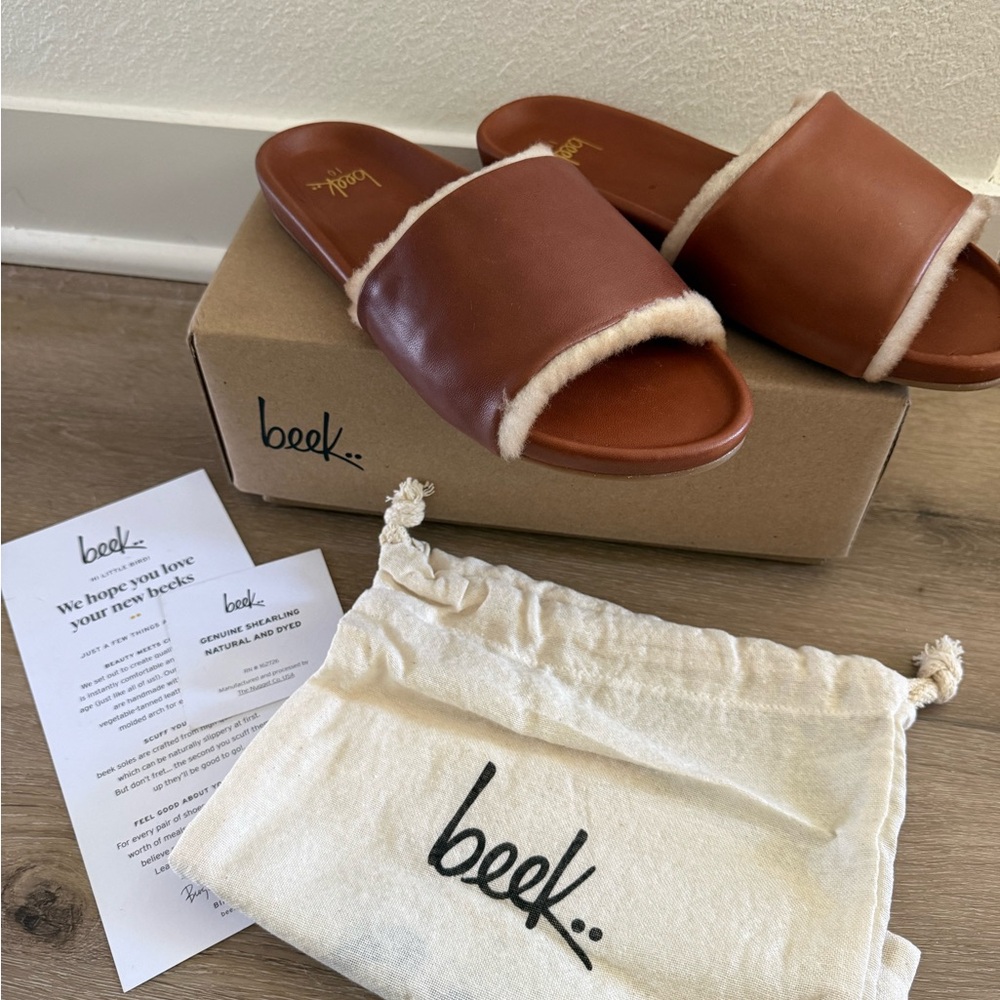 NIB Beek Gallito Sherling Cognac Honey Brown Leather Slides Sandals 10 $310